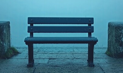 Empty bench overlooking foggy cityscape at dusk