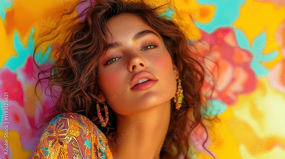 Poster a vibrant, colorful background with abstract patterns that accentuate the features of an attractive 