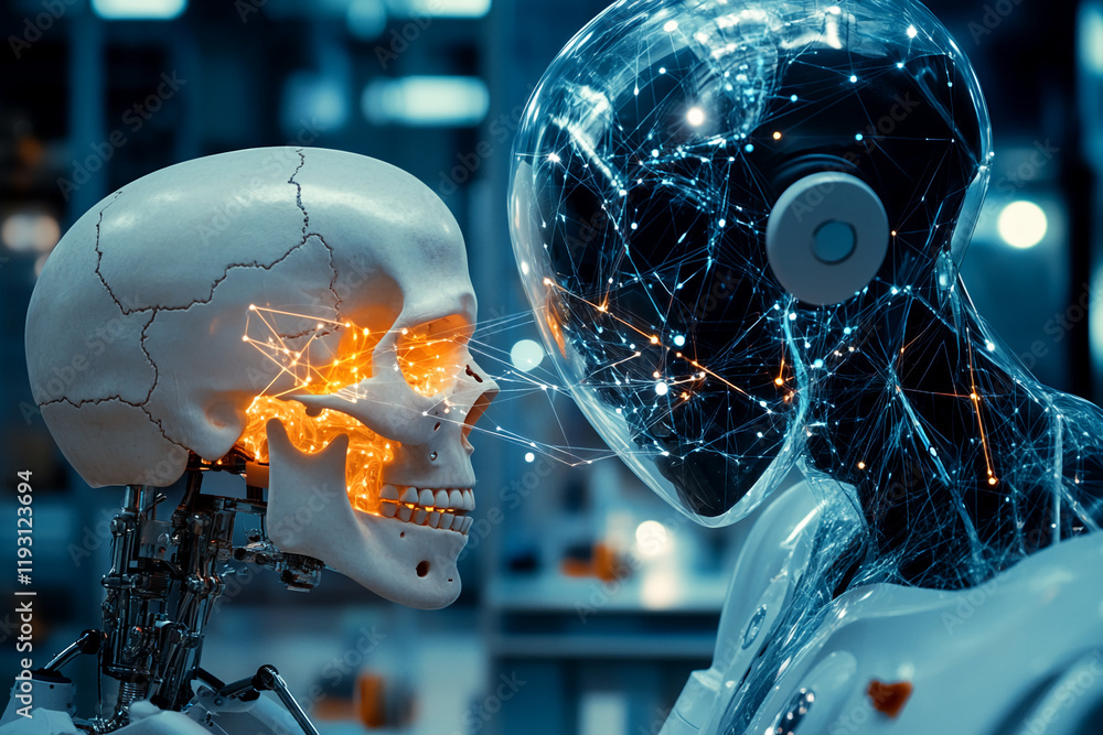 Poster Futuristic interaction between AI robot and human skull with glowing neural network