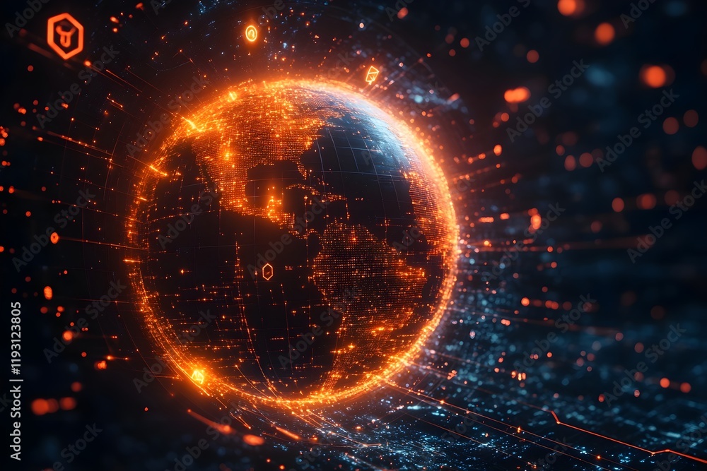 Poster 3d holographic globe with network connections and floating icons on a techy background.