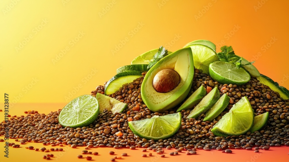 Poster creative artistic presentation of lentil salad with sliced avocado and lime wedges set against subtl