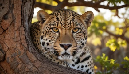 Obraz premium A majestic leopard curled around a Marula tree trunk, shaded resting spot, forest den