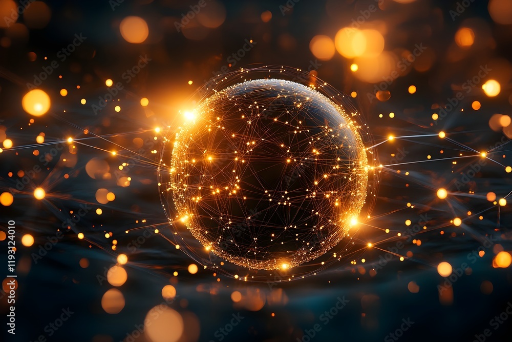 Poster 3d holographic globe with network connections and floating icons on a techy background.