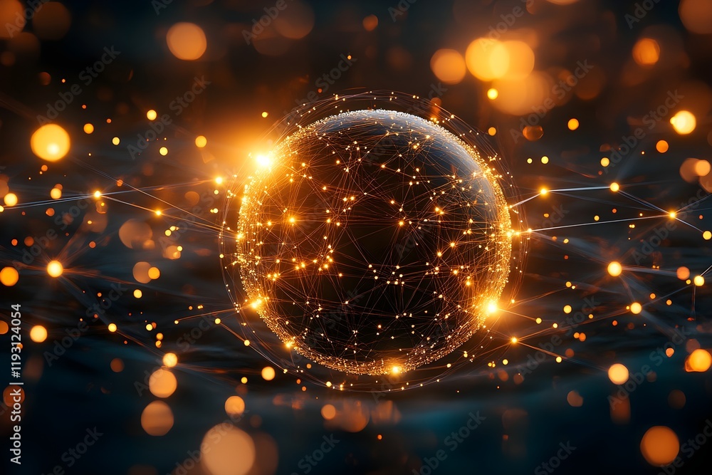 Poster 3d holographic globe with network connections and floating icons on a techy background.