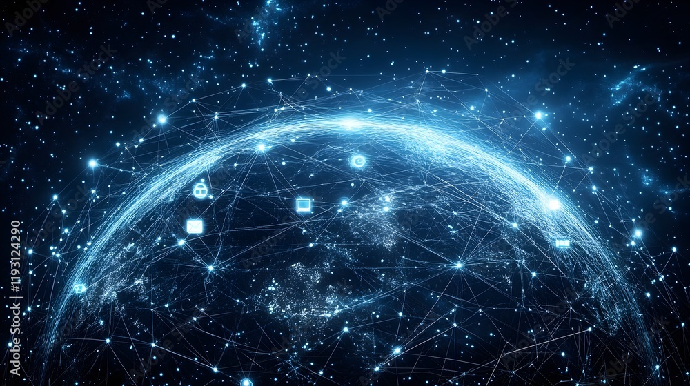 Poster 3d holographic globe with network connections and floating icons on a techy background.