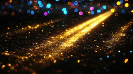 A close-up view of shimmering golden sparkles with blue, purple, and other colorful bokeh lights in the background, creating an enchanting atmosphere.