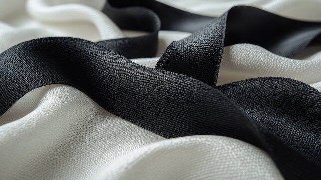 Black, white ribbons draped fabric; elegant texture, design