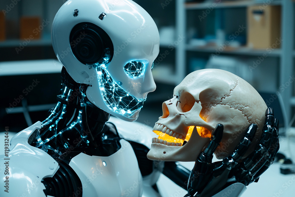 Poster futuristic ai robot holding illuminated human skull with neural connections
