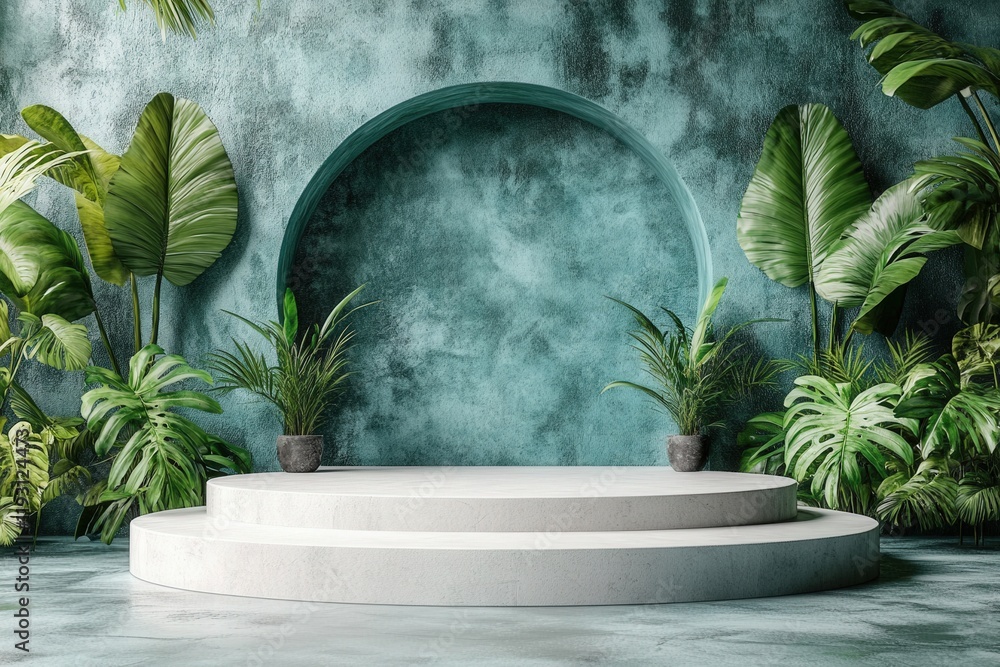 Poster contemporary stage design with greenery and circular backdrop in an elegant setting for events, pres