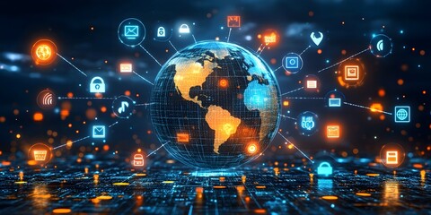 3D holographic globe with network connections and floating icons on a techy background.