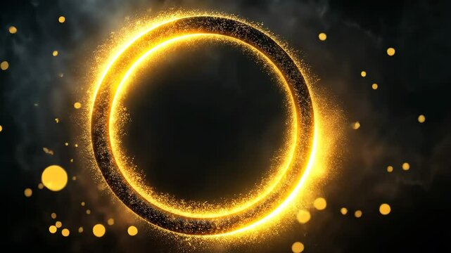 Yellow circle frame decorated with shining golden lights isolated dark background. Copy and paste area. 4k edition