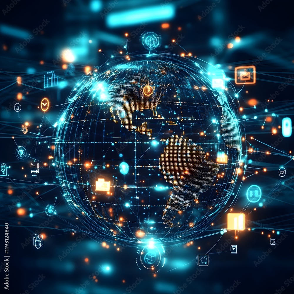 Poster 3d holographic globe with network connections and floating icons on a techy background.
