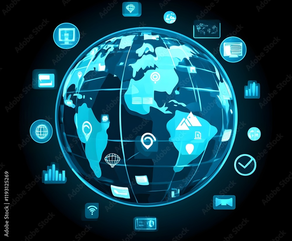Poster 3d holographic globe with network connections and floating icons on a techy background.
