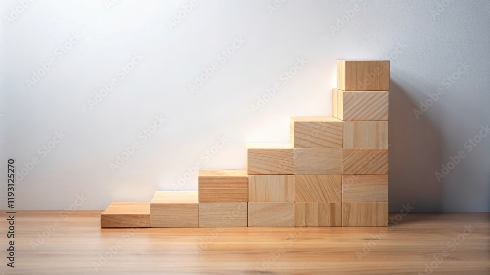 Poster wooden blocks arranged as ascending steps on a table against a white wall, symbolizing growth and pr