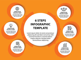 6 steps infographic template with 6 options. Flowchart that can be used for business report, data visualization and presentation. Timeline infographic elements vector illustration.