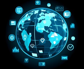 Fototapeta premium 3D holographic globe with network connections and floating icons on a techy background.