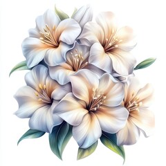 Fototapeta premium Elegant White Flowers with Soft Hues and Lush Green Leaves on a Bright Background