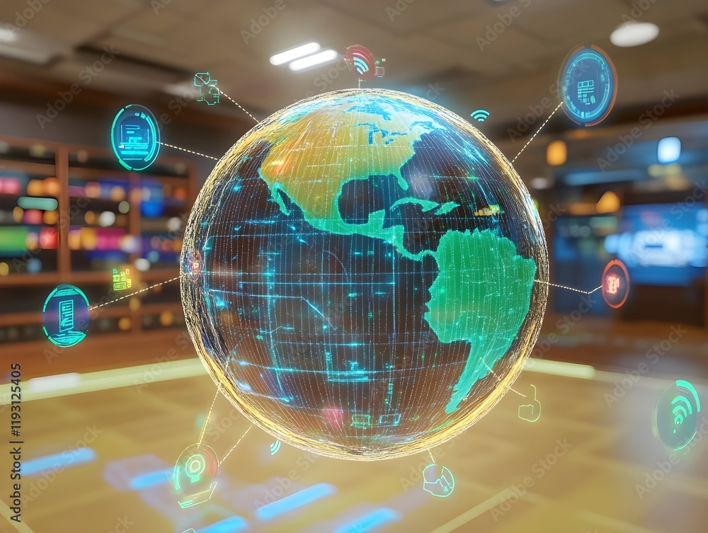 Poster 3d holographic globe with network connections and floating icons on a techy background.