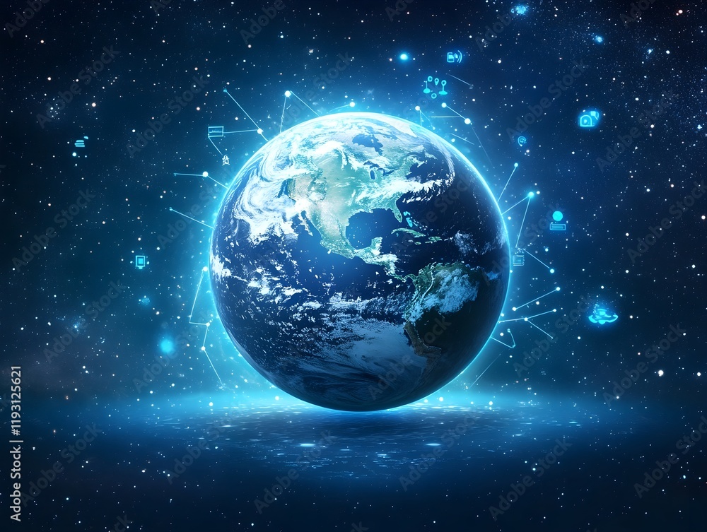 Poster 3d holographic globe with network connections and floating icons on a techy background.