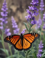 Fototapeta premium A monarch butterfly rests on a lavender violet flower's petals, color, flower, nature