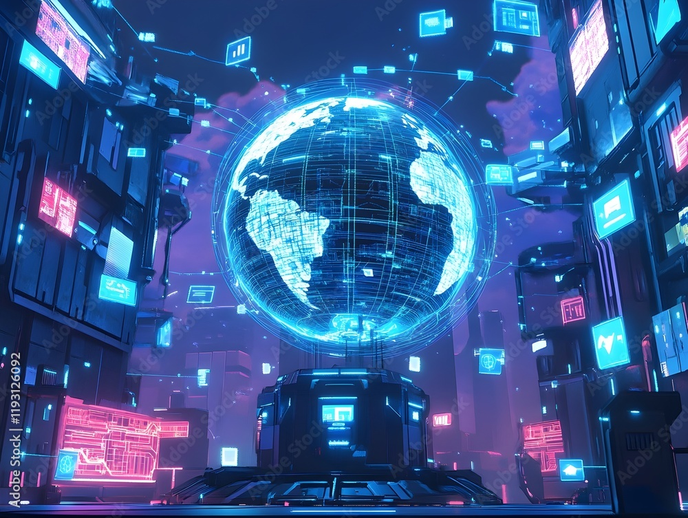 Poster 3d holographic globe with network connections and floating icons on a techy background.