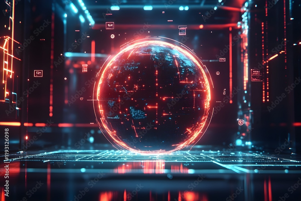 Aufkleber 3d holographic globe with network connections and floating icons on a techy background.