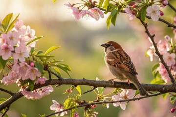 Obraz premium A brown sparrow perches on a branch of a sakura tree surrounded by blooming flowers and lush greenery with warm sunlight, blossoming sakura, cherry tree branch, sakura blossom, natural scenery