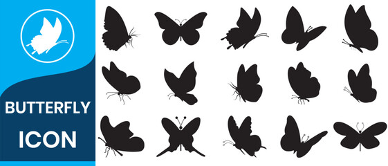 Set of black butterflies isolated on white background, collection of silhouettes. Butterfly black color, flying shape, vector design.  flying butterfly silhouette logo.