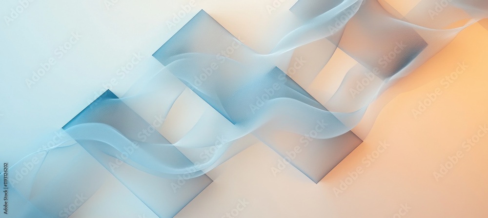 Poster abstract blue wavy lines flowing through transparent rectangles on gradient background