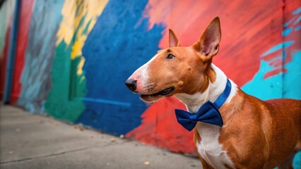 A bullterrier with vibrant red fur wearing a blue bow tie standing in front of a colorful painting backdrop, fun portrait, blue bow tie pattern, red bulldog color scheme, creative pet