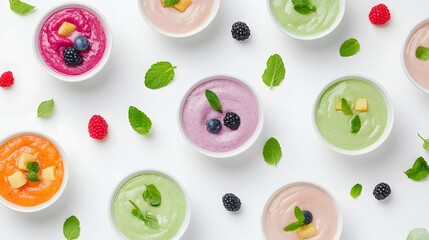 Colorful Fruit Smoothies Arranged Artistically on White Background