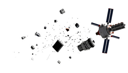 space debris in Earth orbit, dangerous junk isolated on white background (3d rendering), low-poly