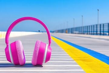 A pair of vibrant pink headphones rested on a concrete surface below. Perfect moments with Music Selection.