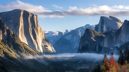 Obraz premium Scenic View of Yosemite Valley with Majestic Cliffs and Morning Mist