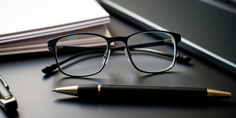 A pair of spectacles sitting on a desk with a pen lying next to them, focus, desk, stationery