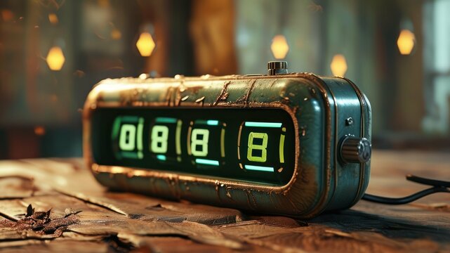 Vintage countdown clock with illuminated display set in a cozy, rustic interior, evoking nostalgia and warm ambiance
