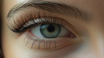 Fototapeta premium Close up view of a human eye, showcasing details of eyelashes and iris, highlighting beauty and emotion