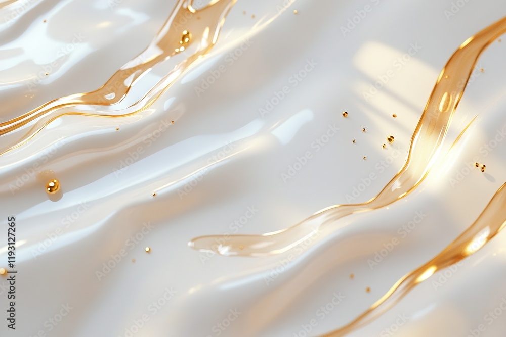 Poster elegant golden liquid drops create a serene abstract texture on a glossy white background under soft