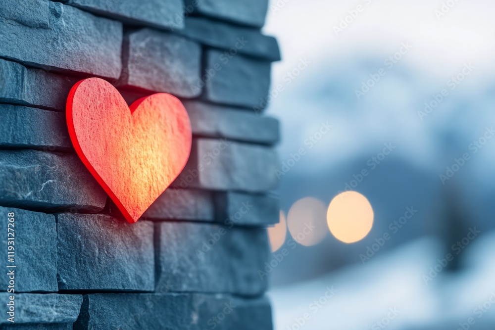 Poster a dark and moody scene of a heart carved into a stone wall, with faint red light glowing from within
