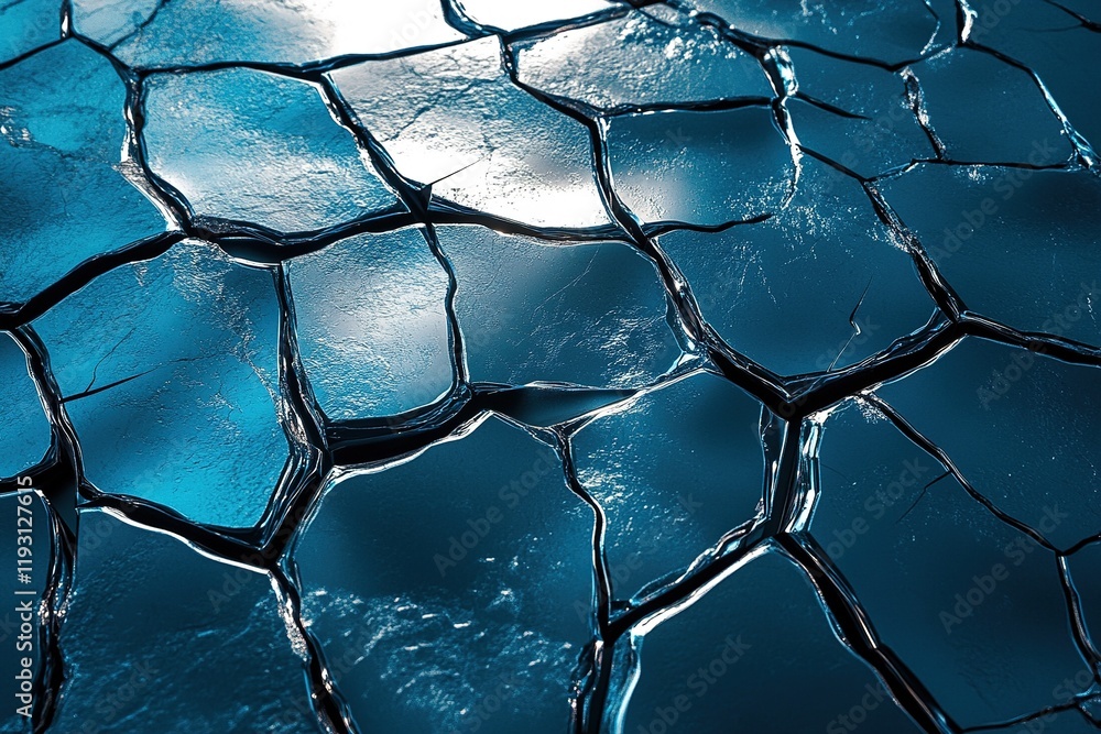 Poster explore the mesmerizing patterns of an abstract cracked chrome metallic surface reflecting blue ligh