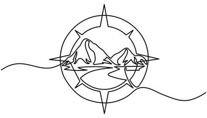 Compass continuous one line drawing illustration. Single line drawing of traveler compass