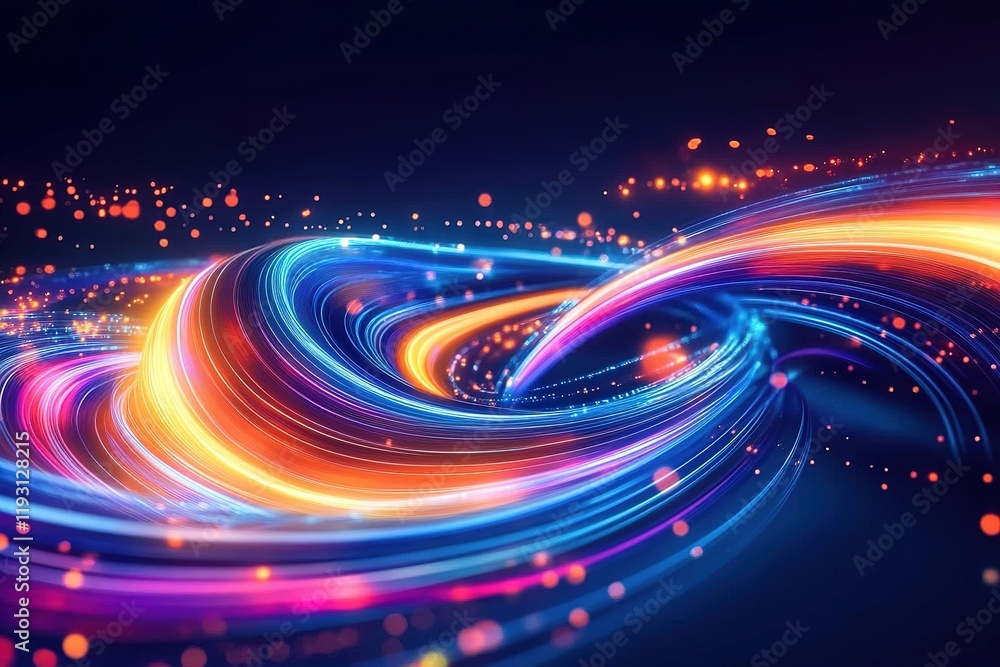 Poster colorful light trails weave around 3d geometric shapes in a dynamic abstract background with a dark 
