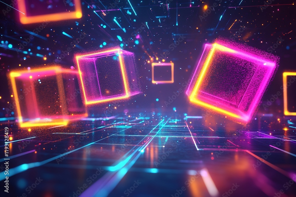 Poster colorful light trails dance around floating 3d geometric shapes in a dynamic abstract background wit