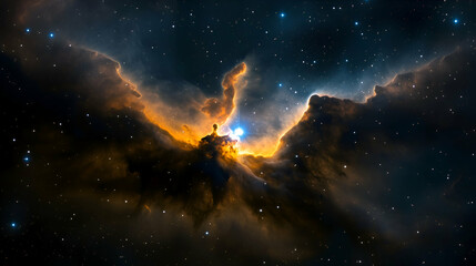 Fototapeta premium Cosmic formation seen in a vibrant nebula with bright stars and swirling gas in deep space