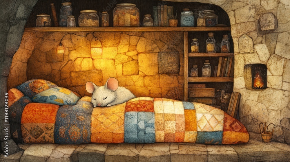 Poster cozy mouse sleeping in a warm bed in a softly lit, rustic room filled with jars and a small fire. ge