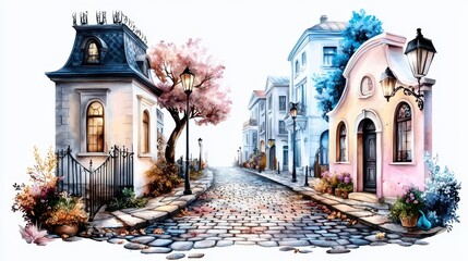 Charming cobblestone street with colorful houses and autumn trees in a picturesque town