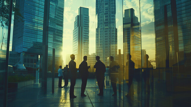 Business Professionals Converging in Urban Office Space with Silhouette cityscape, Collaborative Corporate Environment Under Soft Daylight