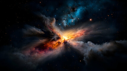 Obraz premium Cosmic explosion depicted with vibrant colors and swirling gases in a dark universe highlighting stellar dust and celestial phenomena