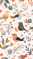 Fototapeta premium A delightful assortment of birds among flowers, showcasing a vivid and playful nature scene, perfect for various creative projects