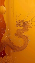 Obraz premium Festive Dragon Design for Chinese New Year Celebration with Vibrant Orange Background and Decorative Elements, Perfect for Festival Themed Events and Decorations